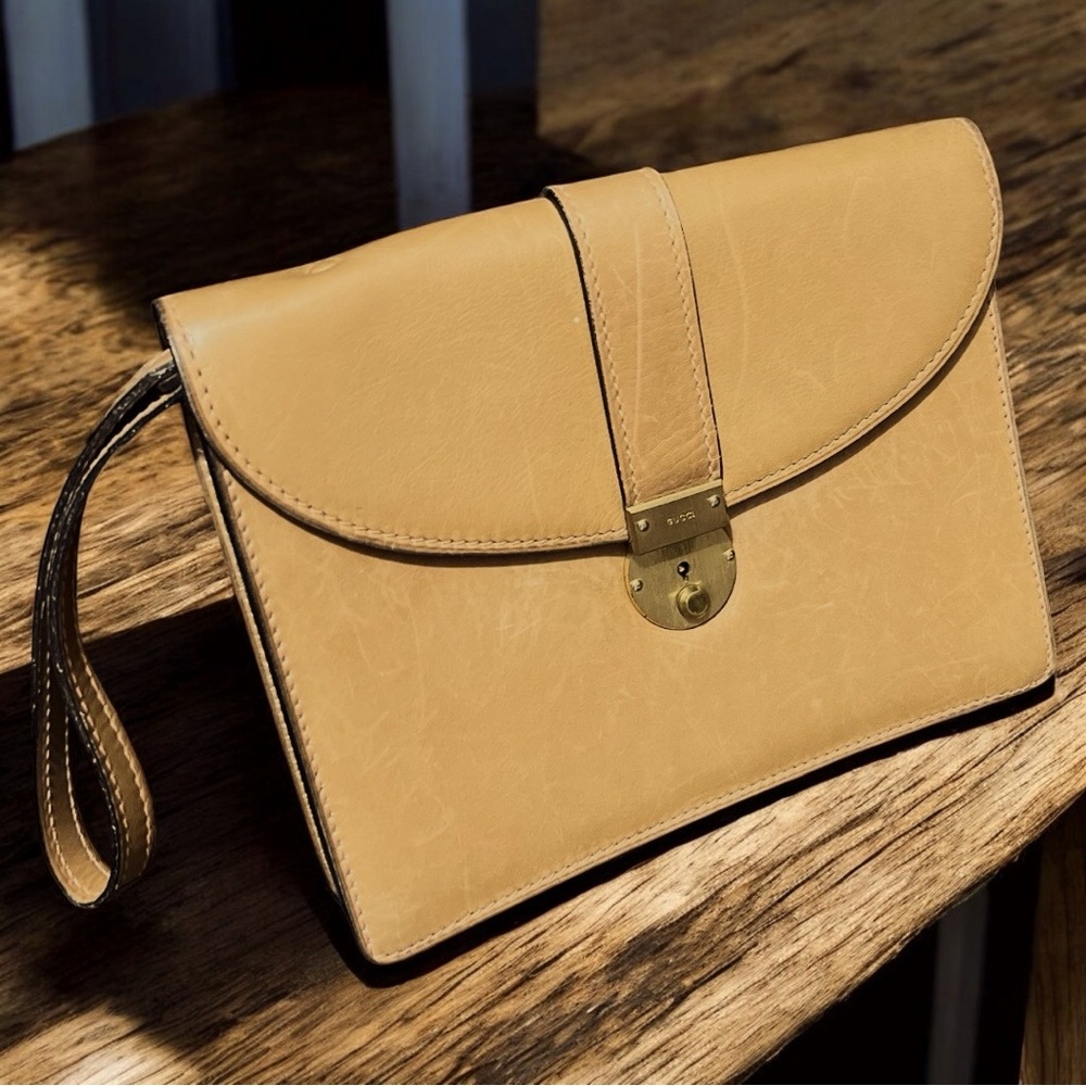 Gucci Tan Leather Clutch with Wrist Strap